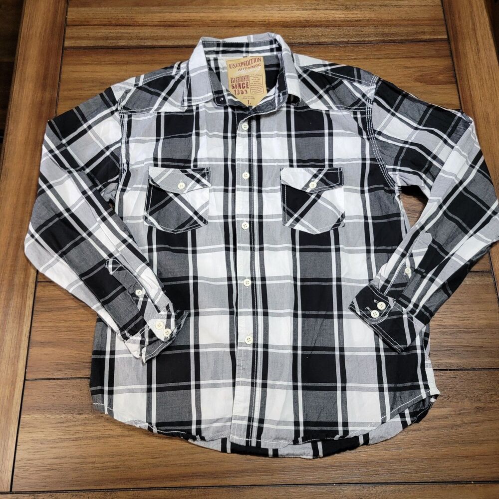 U.S. Expedition Youth Full Button LS Shirt Black Plaid w/ 2 Pockets - Size Large